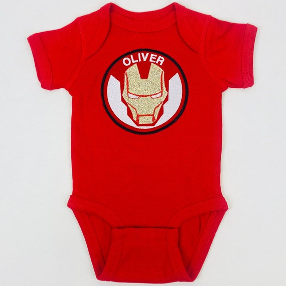 Personalized Iron Man Superhero Baby Bodysuit Custom Embroidered Baby Snap Suit With Optional Superhero Cape Etsy