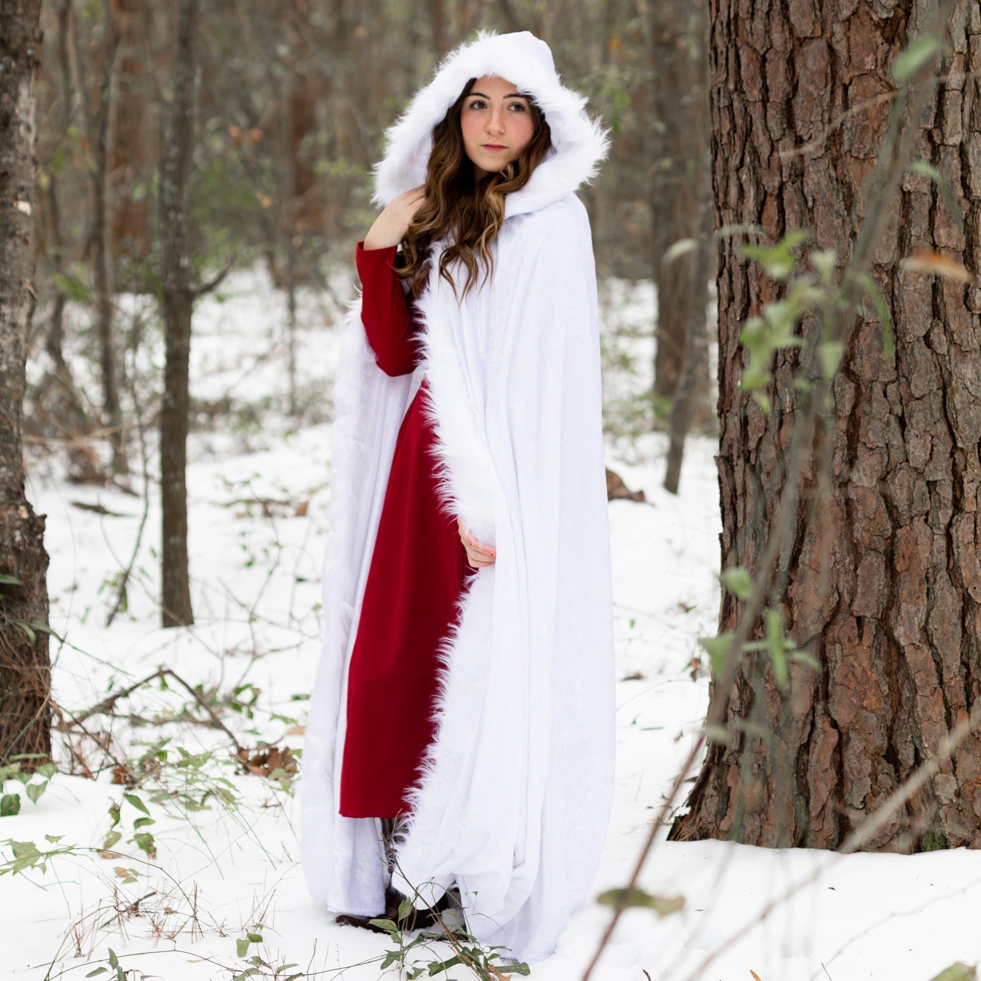 White Cloak With Large Hood, White Faux Fur Trim, and Metal Clasp