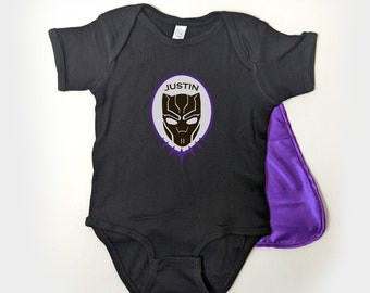 Personalized Panther Superhero Baby Snap suit | Custom Embroidered Black Panther Baby suit with Optional Superhero Cape