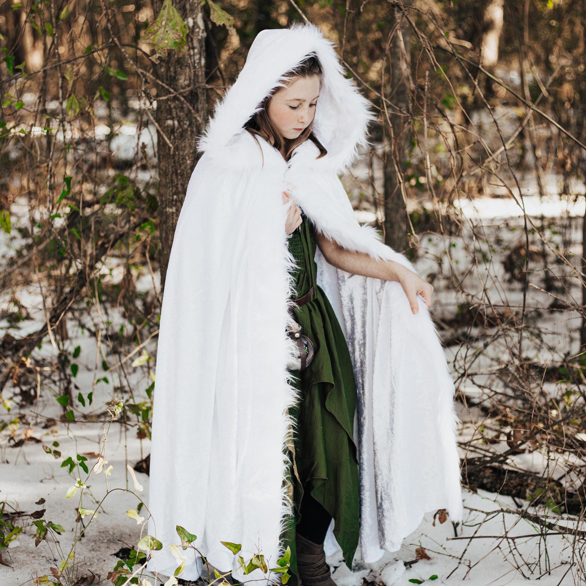 White Cloak With Large Hood, White Faux Fur Trim, and Metal Clasp
