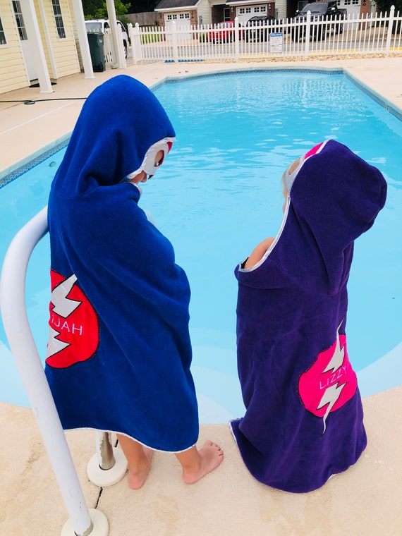 Personalized Superhero Hooded Towel Custom Super Hero Towel Cape With Custom Embroidered Lightning Bolt Emblem Etsy Ireland