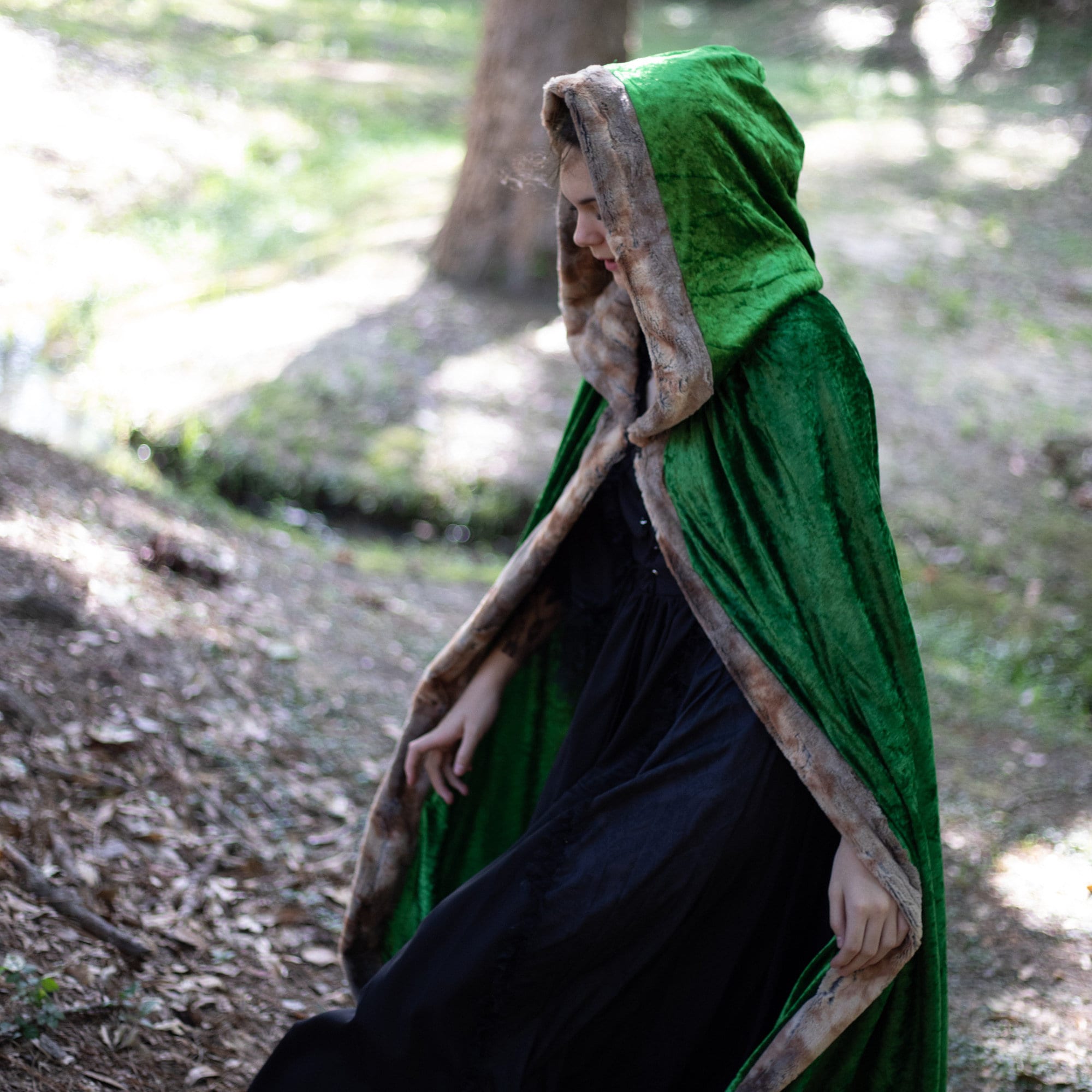 Faux Fox Fur Hooded Cloak - Green Cloak With Brown/amber Fox Fur