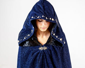 Deluxe Jeweled Cloak with glitter fabric and Large Hood | Bedazzled Cape with Rhinestone Hood, Medieval Cosplay Costume Cape