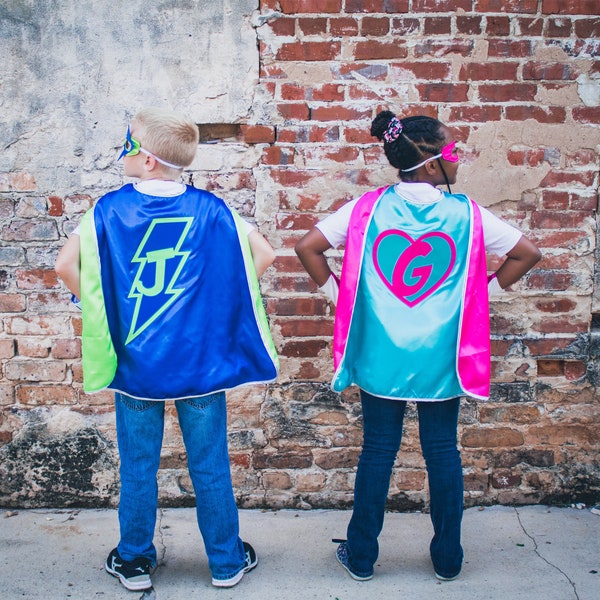 Kids Personalized Superhero Cape | Custom Child Super Hero Cape with emblem and initial - Single or Double Sided