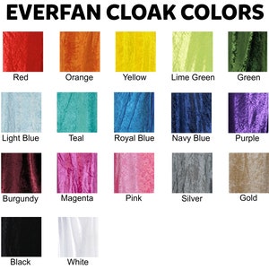 May include: A chart showing 16 different colors of velvet fabric. The colors are: red, orange, yellow, lime green, green, light blue, teal, royal blue, navy blue, purple, burgundy, magenta, pink, silver, gold, black, and white.