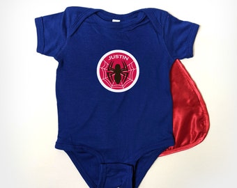 Personalized Spider Superhero Baby Bodysuit | Custom Embroidered Baby snap suit with Optional Super hero Cape