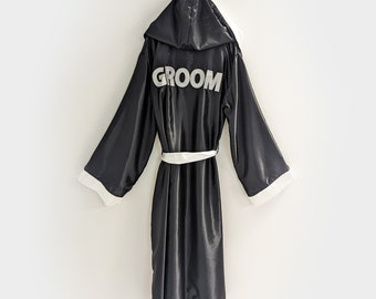 Adult Personalized Satin Groom Robe with Embroidered Logo | Custom Groomsman Robe for Bachelor Party or Wedding