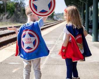 Personalized Patriotic Star Superhero Costume Set | Cape, Mask, Belt & Shield