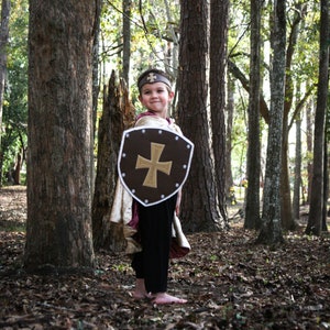May include: A young boy dressed as a knight in a forest setting. He is wearing a brown and gold shield with a cross on it, a brown and gold crown, and a brown and gold cape. The boy is standing in front of a tree.