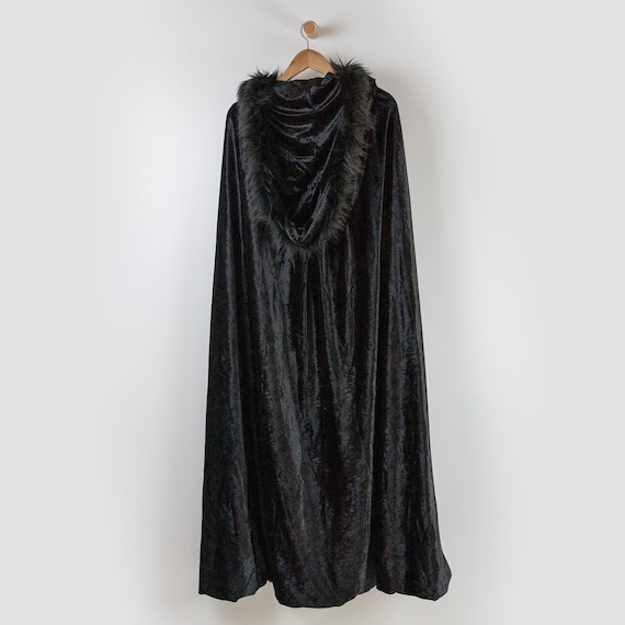 Black Cloak with Large Hood, Black Faux Fur Trim, and Metal