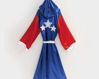 USA Patriotic Satin Boxing Robe with Trim and Star Embroidered Logo | Custom American Fighter Wrestling Costume Cape with hood and sleeves