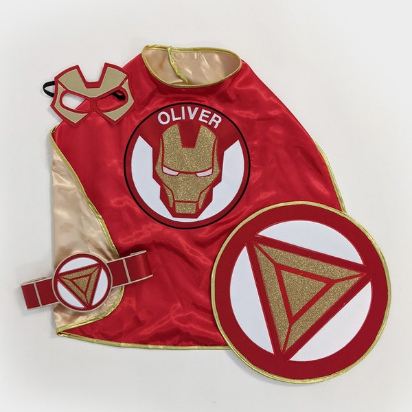 Personalized Iron Superhero Costume Set - Custom Iron Themed Super hero Cape, Mask, Belt, and Shield