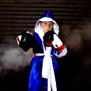 Kids Satin Boxing Robe with Trim | Custom Color Fighter Wrestling Costume Cape with hood and sleeves