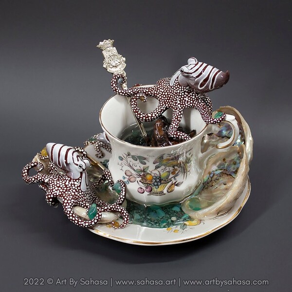 VALKENBURG No.30 Octopus Tea Cup Signature Series - 3 handmade clay sculpture "Larger Pacific Striped Octopus" on vintage tea cup w spoon
