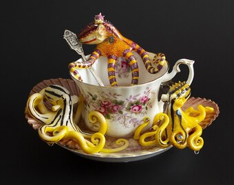 PINK ROSES No.31 Octopus Tea Cup Signature Series - 3 handmade clay sculptures "Mototi Octopus" on vintage tea cup with spoon