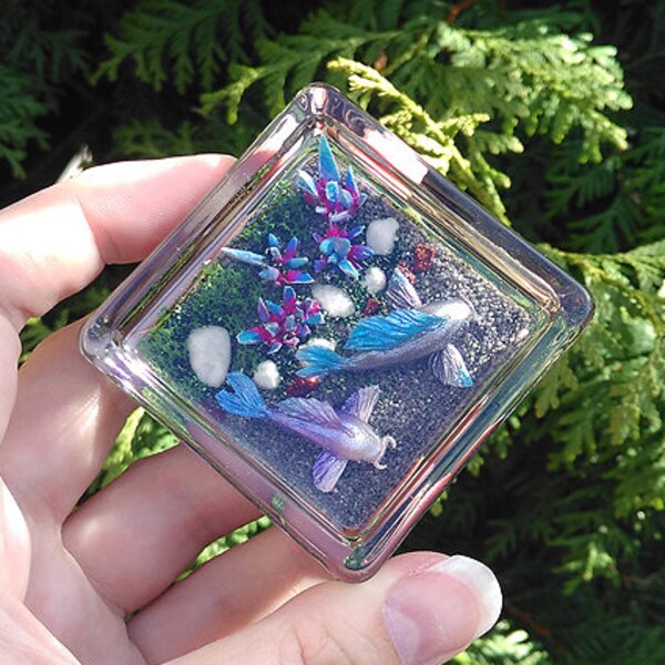 Square KOI POND Purple Delight & Blue Blossom - Polymer clay miniature koi pond - Handsculpted - Decoration - Fairy Garden - Doll House