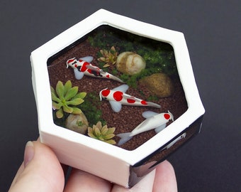 Synergy XIX - Hexagonal Miniature Koi Pond - OOAK miniature koi sculptures, handbuilt polymer clay pond filled with resin.