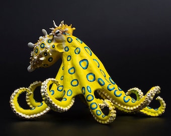 9cm x 11.5cm x 8cm Blue-ringed Octopus Sculpture - Blacklight Reactive One of a Kind Octopus Sculpture made from polymer clay, hand painted.
