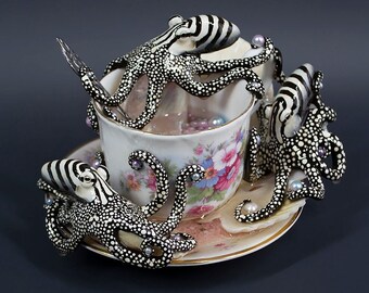 PEARL KEEPERS III - Three Harlequin Octopuses - Polymer Clay Sculptures on Vintage Tea Cup and Saucer with ornate scrollwork spoon