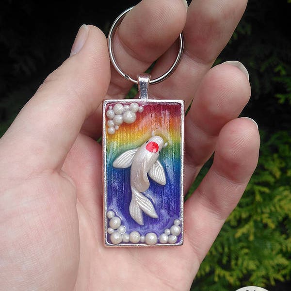 RESERVED - Tancho Koi on shimmering rainbow background - Bag or Zipper Charm - Keychain - Handmade - Polymer Clay