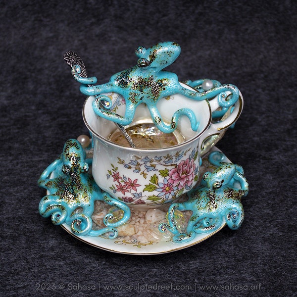 REEF DREAMS III No.35 Octopus Tea Cup Signature Series - Four hand sculpted "Caribbean Reef Octopus" on a vintage tea cup with spoon