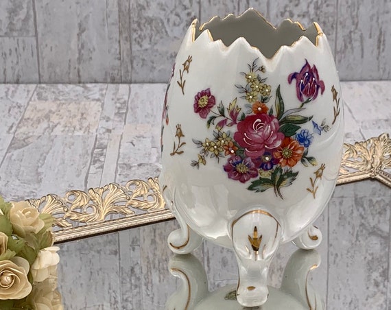 Vintage Porcelain Egg Planter with flowers handpainted gold accent, Collectible Easter Egg vase, Vintage Easter Decor, gift for her