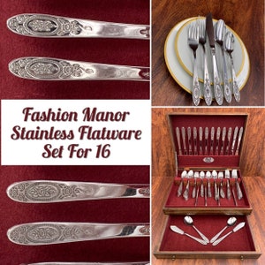 Stainless Flatware set, Service for 16, Fashion Manor Rose Cameo Floral handle in silverware chest Vintage Silverware set