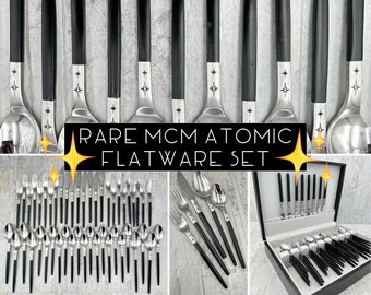 Rare Atomic Star Flatware Set, Vintage MCM Stainless Forged silverware, service for 8