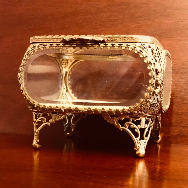 Vintage Gold Ormolu Jewelry Casket, Gold filigree Trinket Box, beveled glass and tufted champagne velvet cushion, Gift for Her, Gift Box