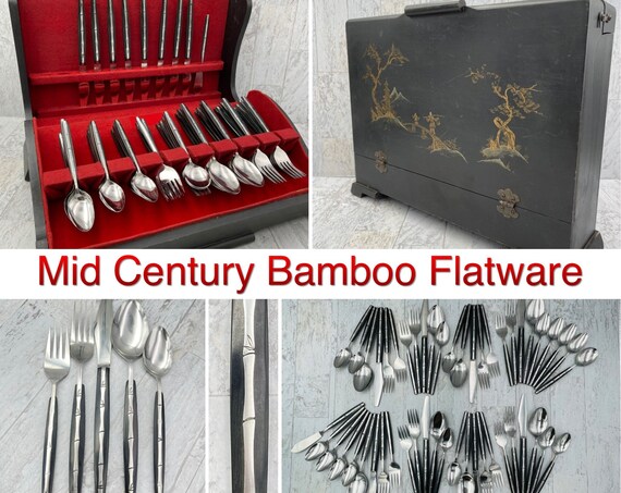 Vintage Flatware set, Mid Century Bamboo Silverware Set, Handpainted Chest, Oriental collectible