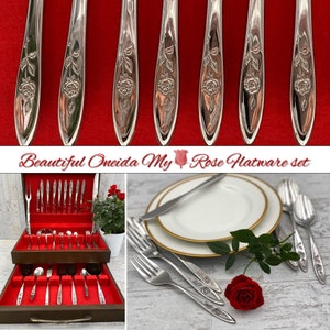 Oneida My Rose Stainless Flatware set, Service for 8 in Chest, Serving pieces, Carving set, wedding gift, gift for her, large flatware set