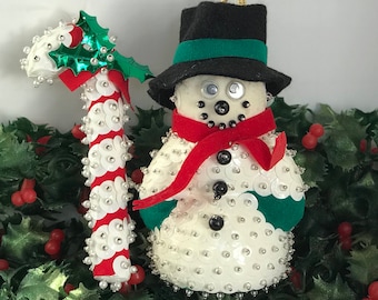 Vintage Beaded Christmas Ornaments: Handmade Sequined Snowman & Candy Cane Set