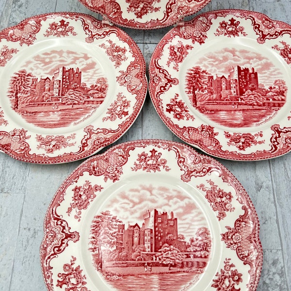 Vintage pink Transferware plates, Old Britain Castles, Blarney Castle, Johnson Bros, Ironstone, Made in England, double warranted