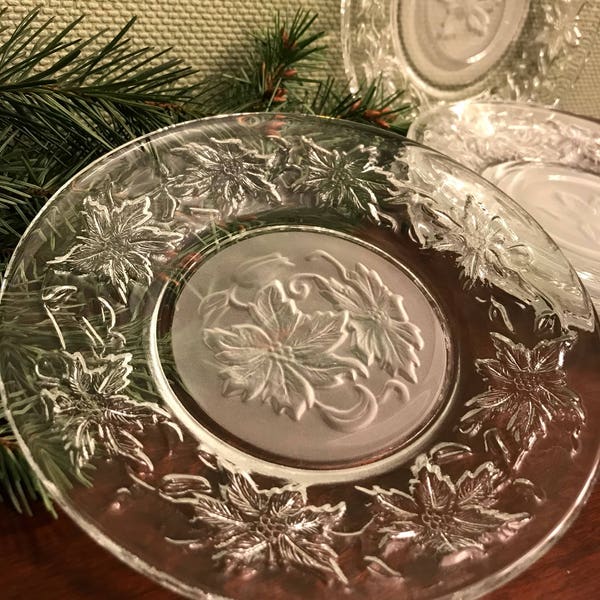 Princess House Crystal FANTASIA Holiday 3 Bread Dessert plates and 2 saucers Vintage Fantasia plates replacement plates Poinsettia