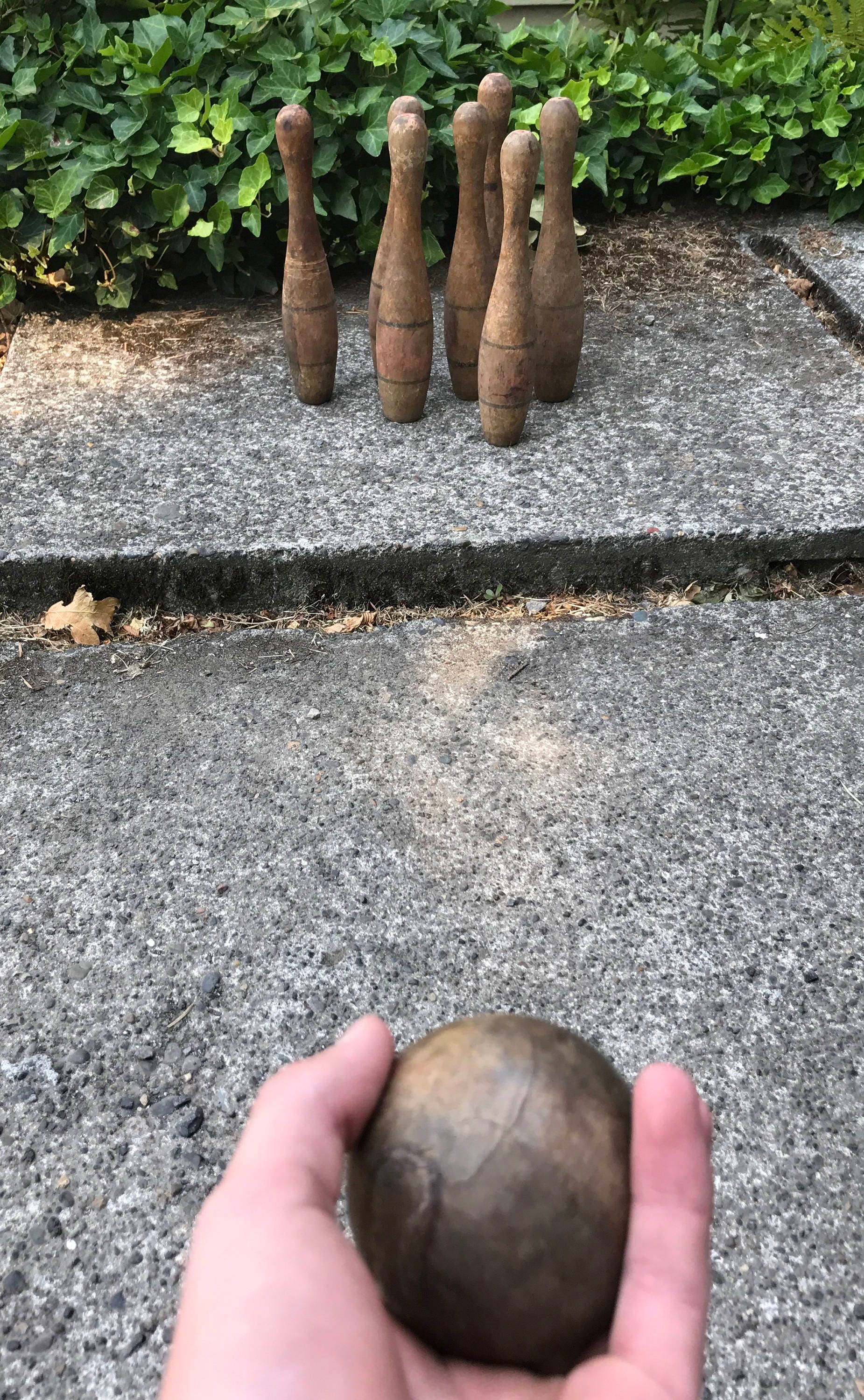 Vintage Wooden Bowling game, game of ten pins, Turned wood pins and