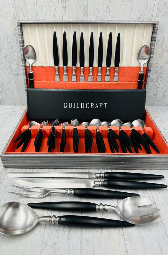 Vintage Guildcraft Ebony Rosewood Flatware Set, Stainless Steel Service for 8 + Carving Set