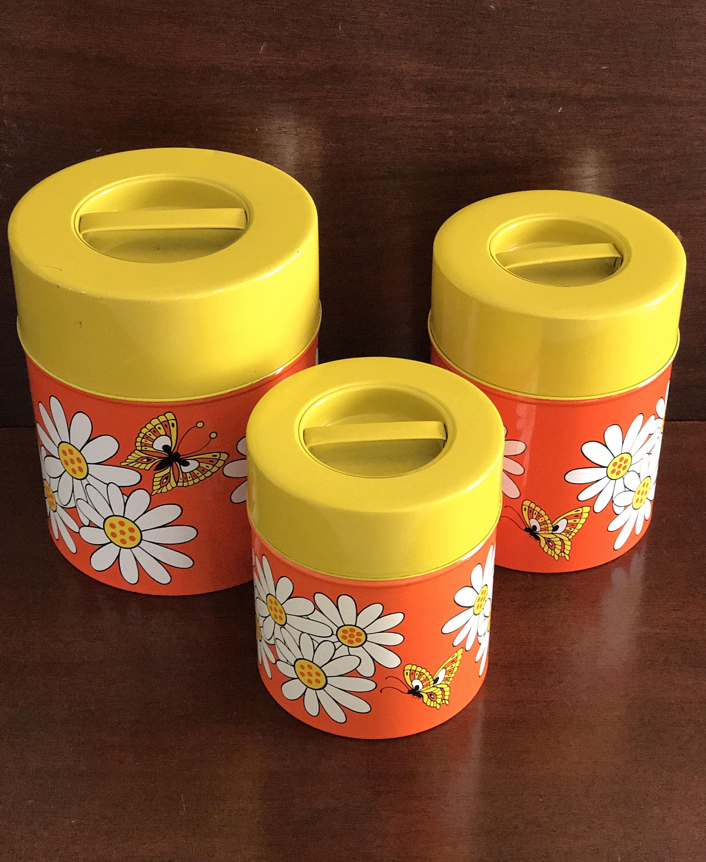 Red Flower Pattern Vintage Metal Tin Canister Set, Country