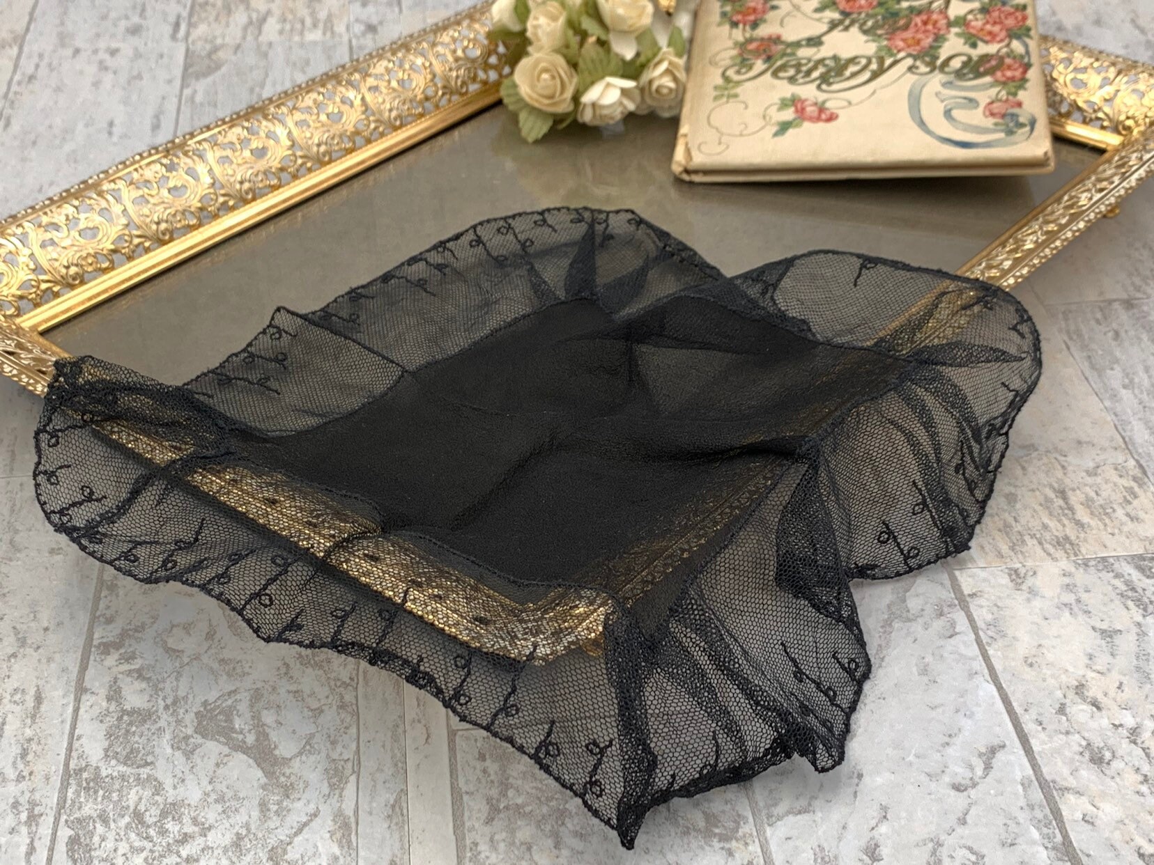 Vintage Handkerchief, black Hankerchief with embroidered lace edge ...