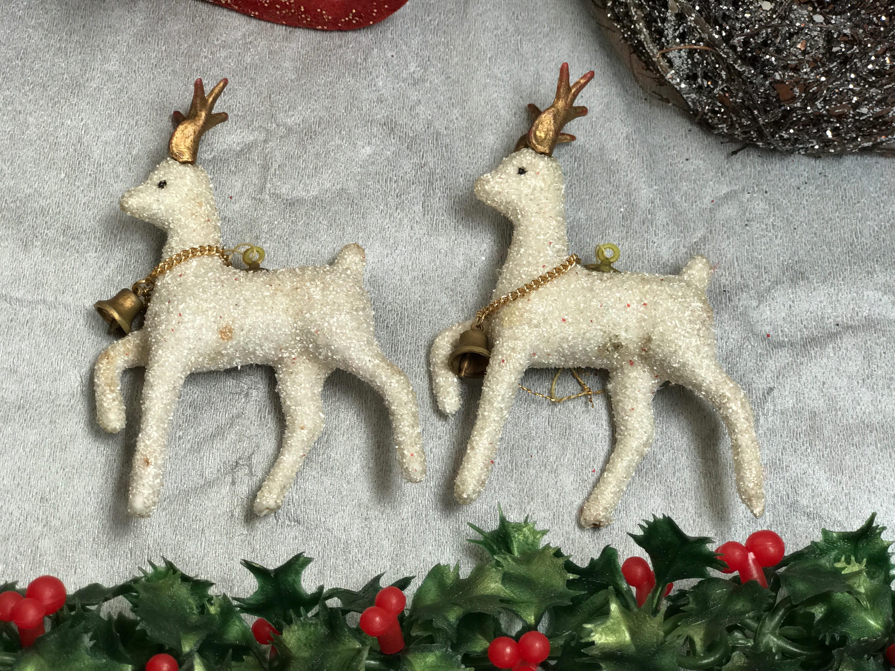 Vintage flocked White Reindeer ornaments, White and gold