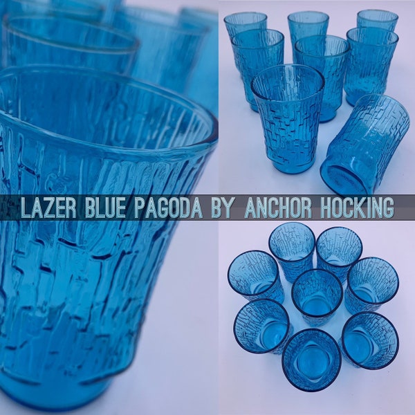 Vintage Glasses Pagoda Lazer Blue Tumblers by Anchor Hocking, Turquoise bamboo Patterned Glass, Juice Glasses