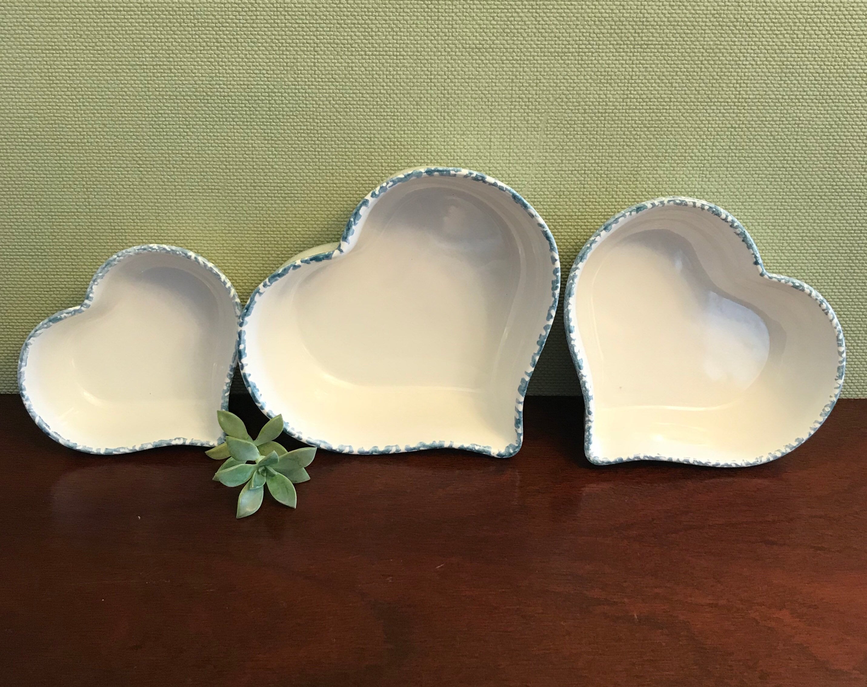 Heart shaped ceramic bowls, blue spongeware bowl set, nesting bowls