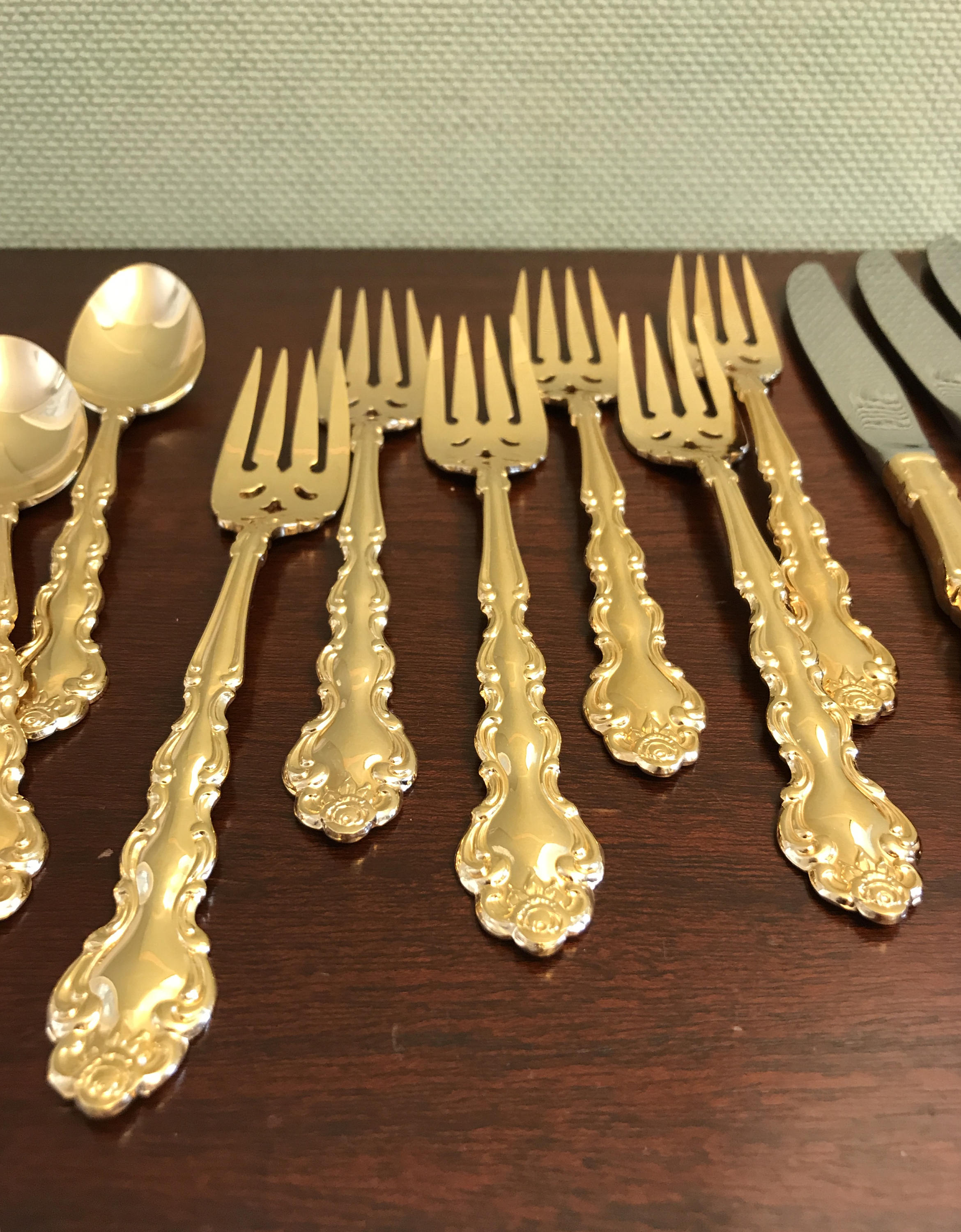 Vintage Gold Flatware, Oneida Community Beethoven Gold Flatware, complete 4 piece service for 6
