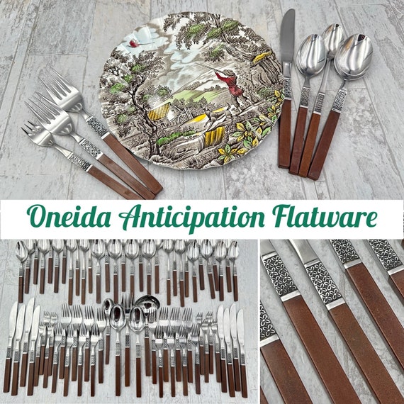 Vintage flatware Set, Oneida Northland Anticipation, Wood style handle, Large service for 8, Retro Silverware