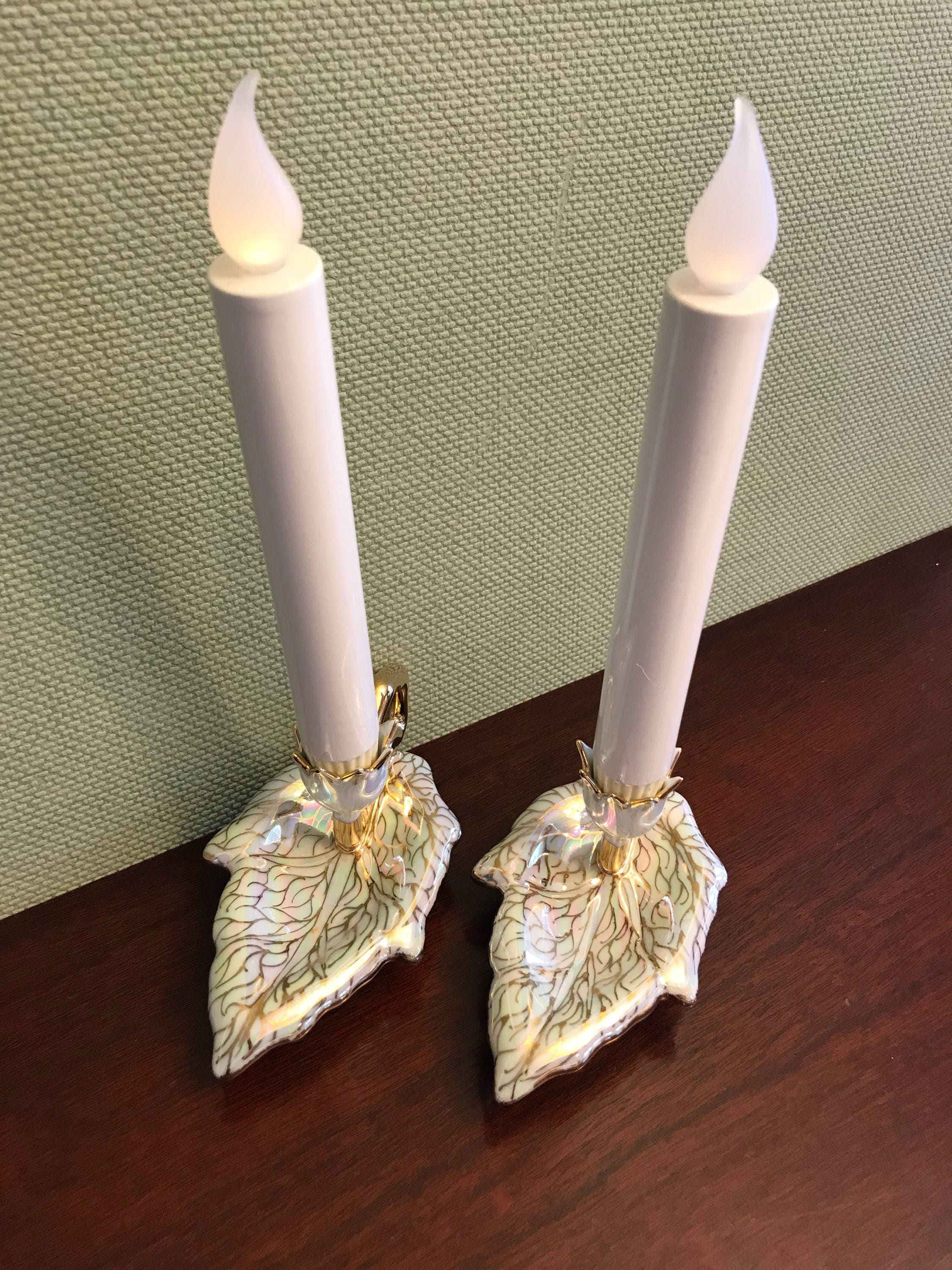 Vintage Handpainted Candlestick Holders, Porcelain iridescent Lotus