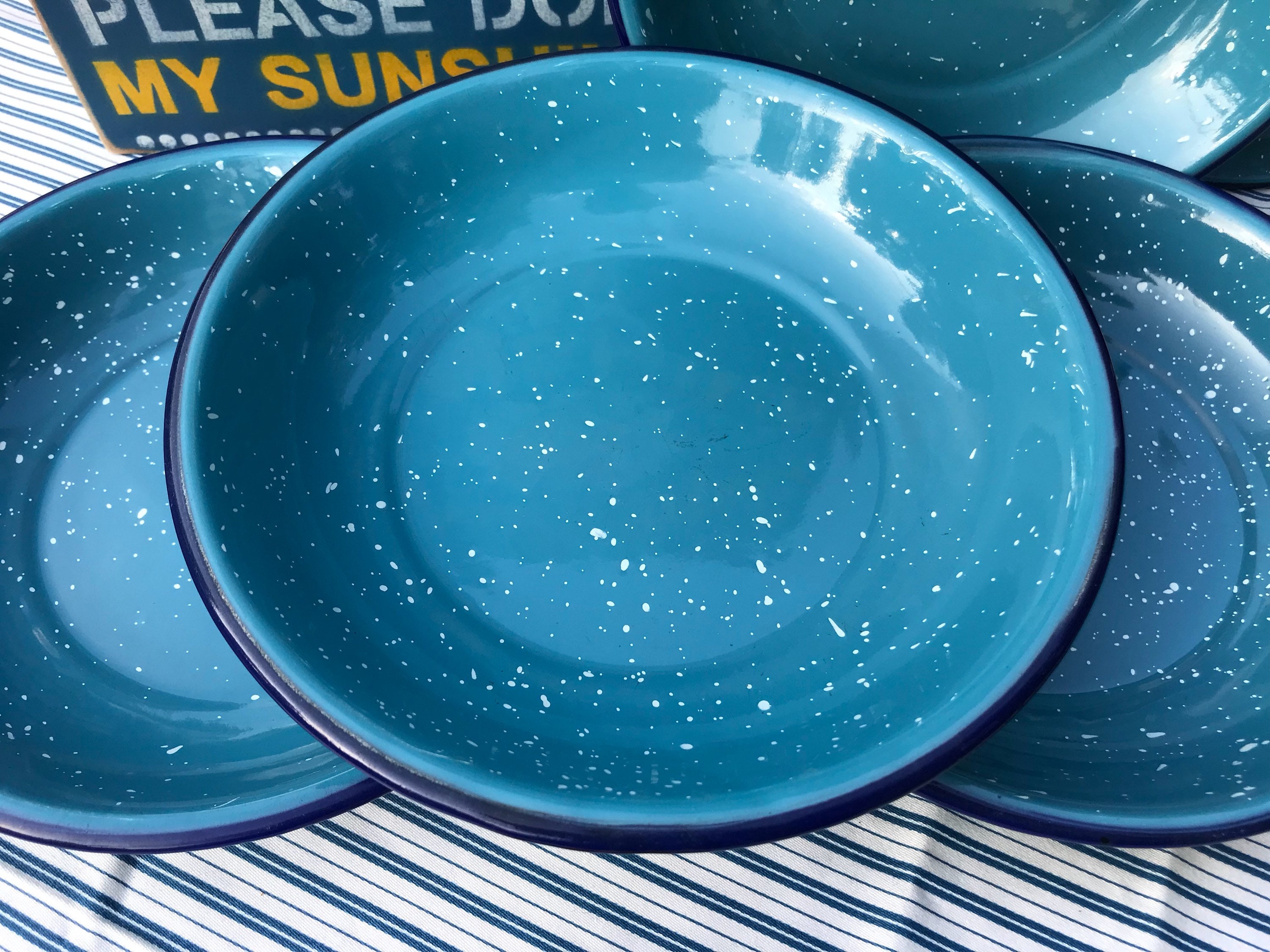 Vintage Turquoise Navy Graniteware Bowl set, 4 Enamelware Bowls, cabin