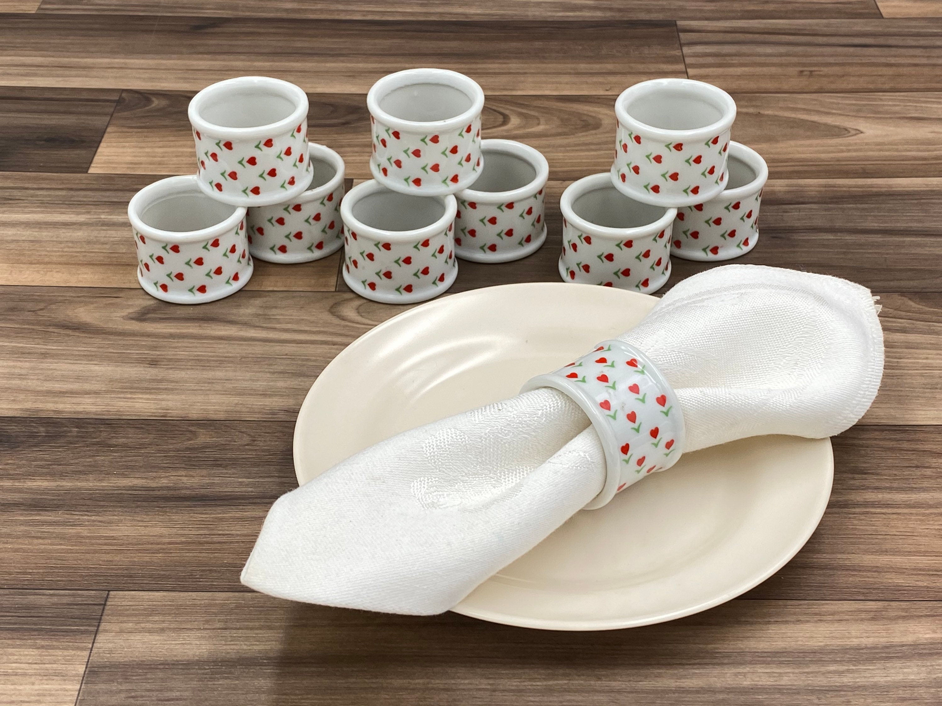 Ceramic Napkin Rings with red heart flowers, Set of 10, Country