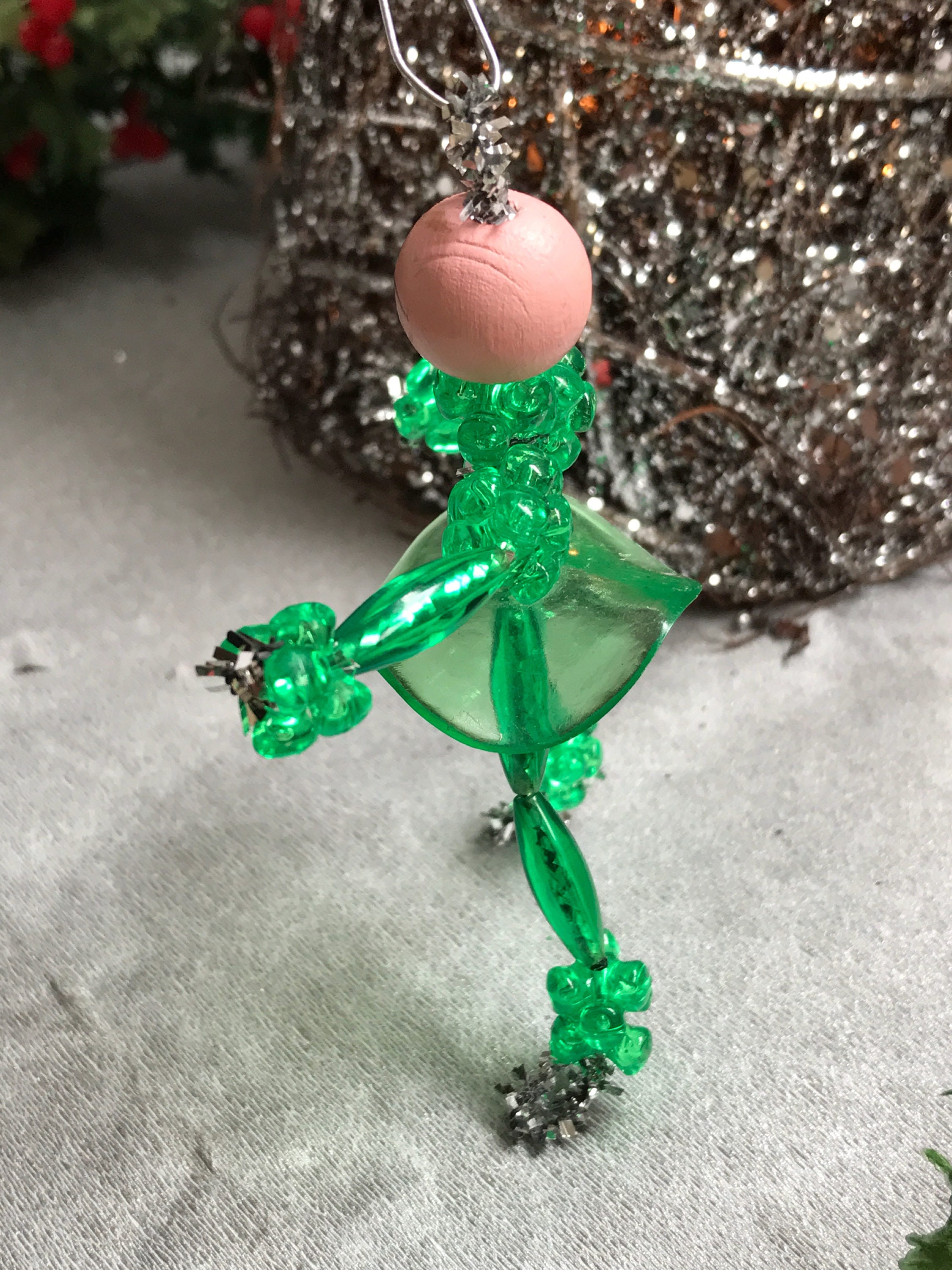 Vintage Ice Skater Ornaments, 1960s Beaded Christmas Ornaments