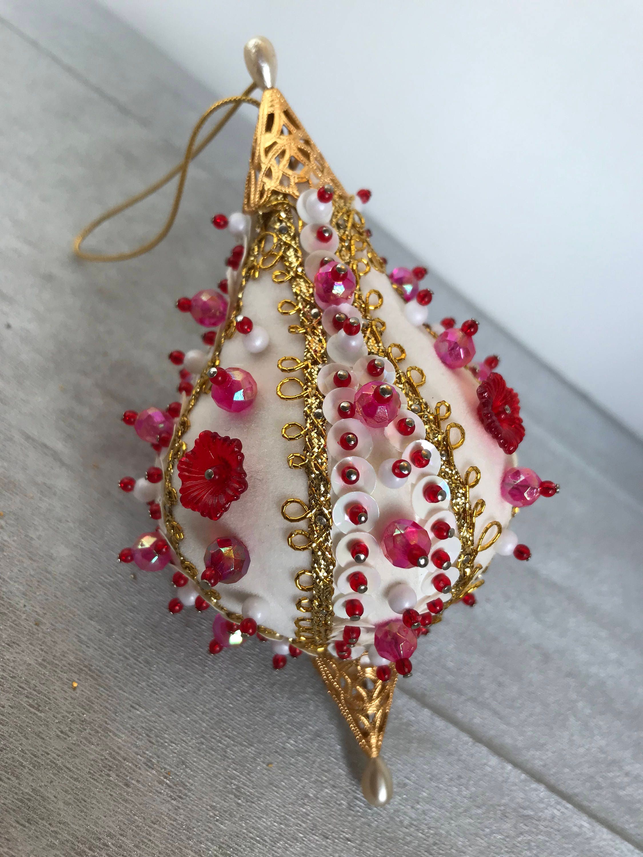 Vintage Beaded Sequined Christmas Ornament, gold pink Bauble, Ornate