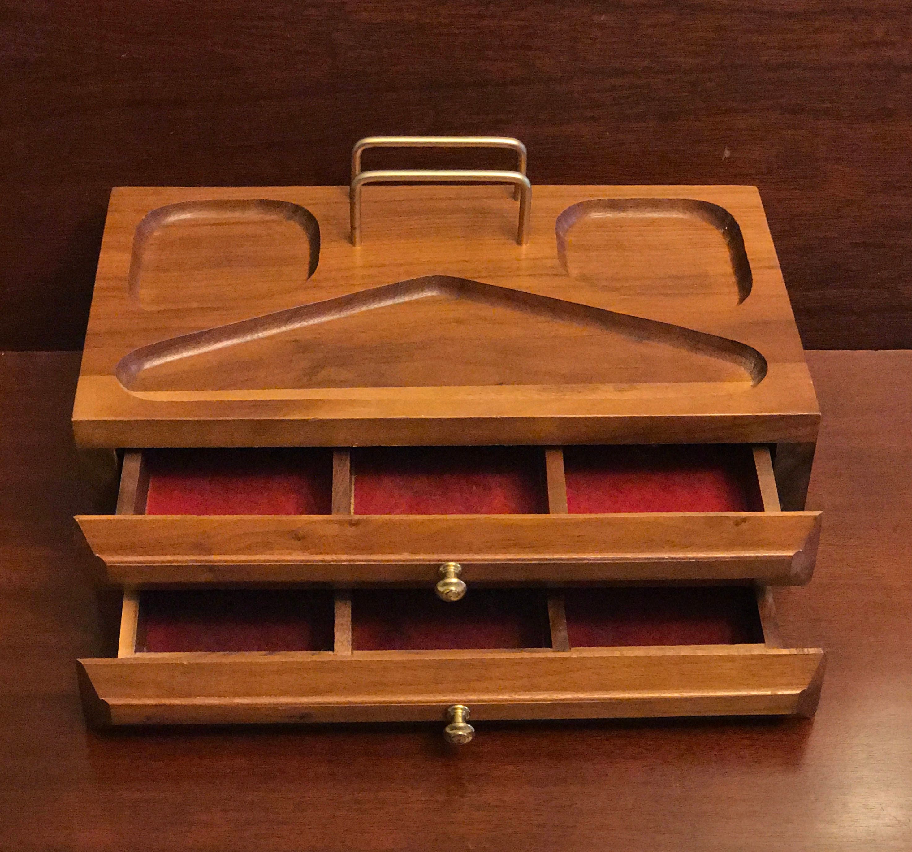 Vintage Dresser Valet with drawers, Hand crafted walnut wood and brass