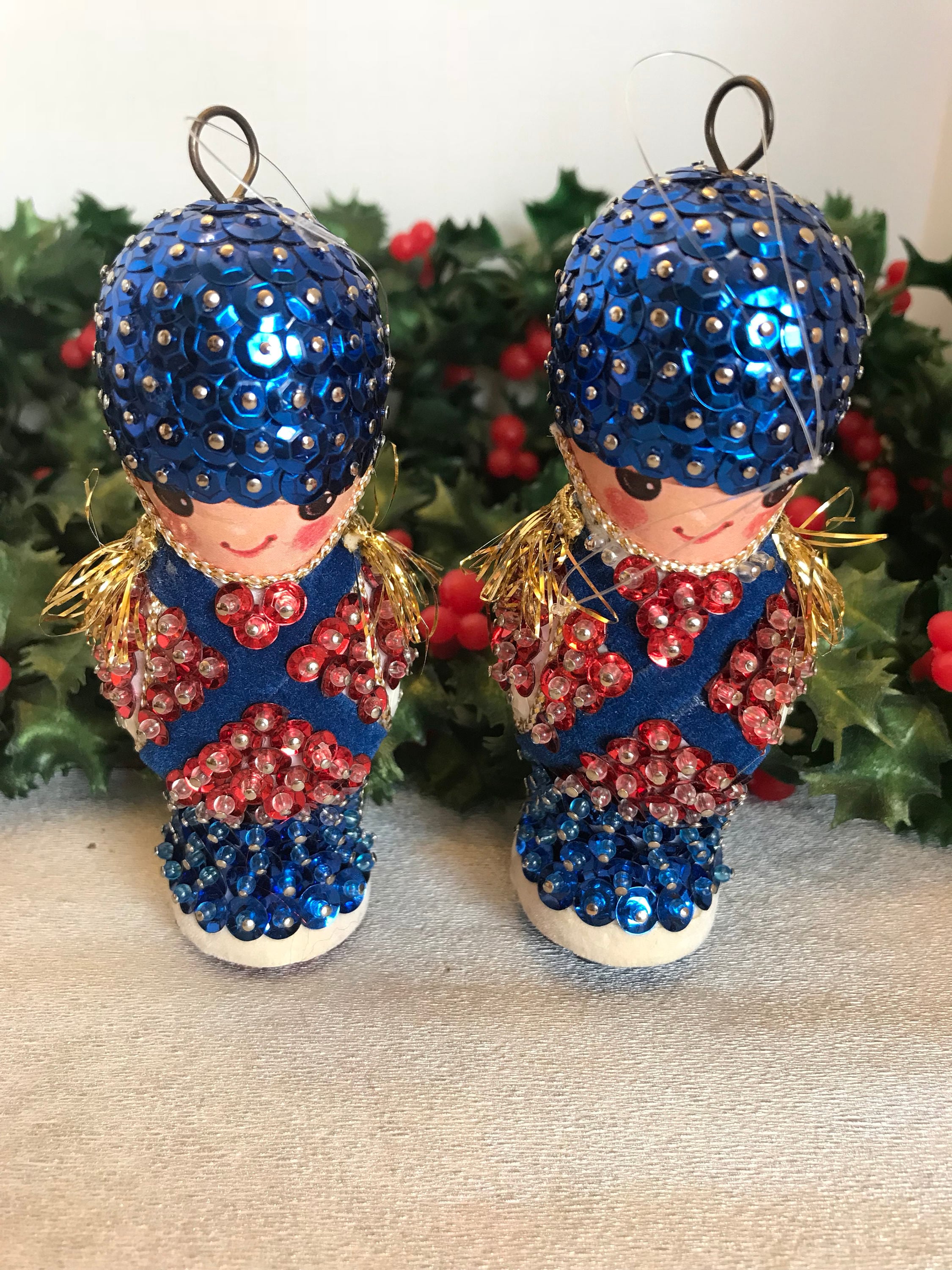 Vintage Beaded Sequined Tin Soldier Christmas Ornament set, Soldier